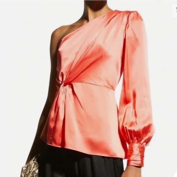NWT Cing a Sept Stace One-Shoulder Silk Top in Neon Coral - Picture 4 of 16